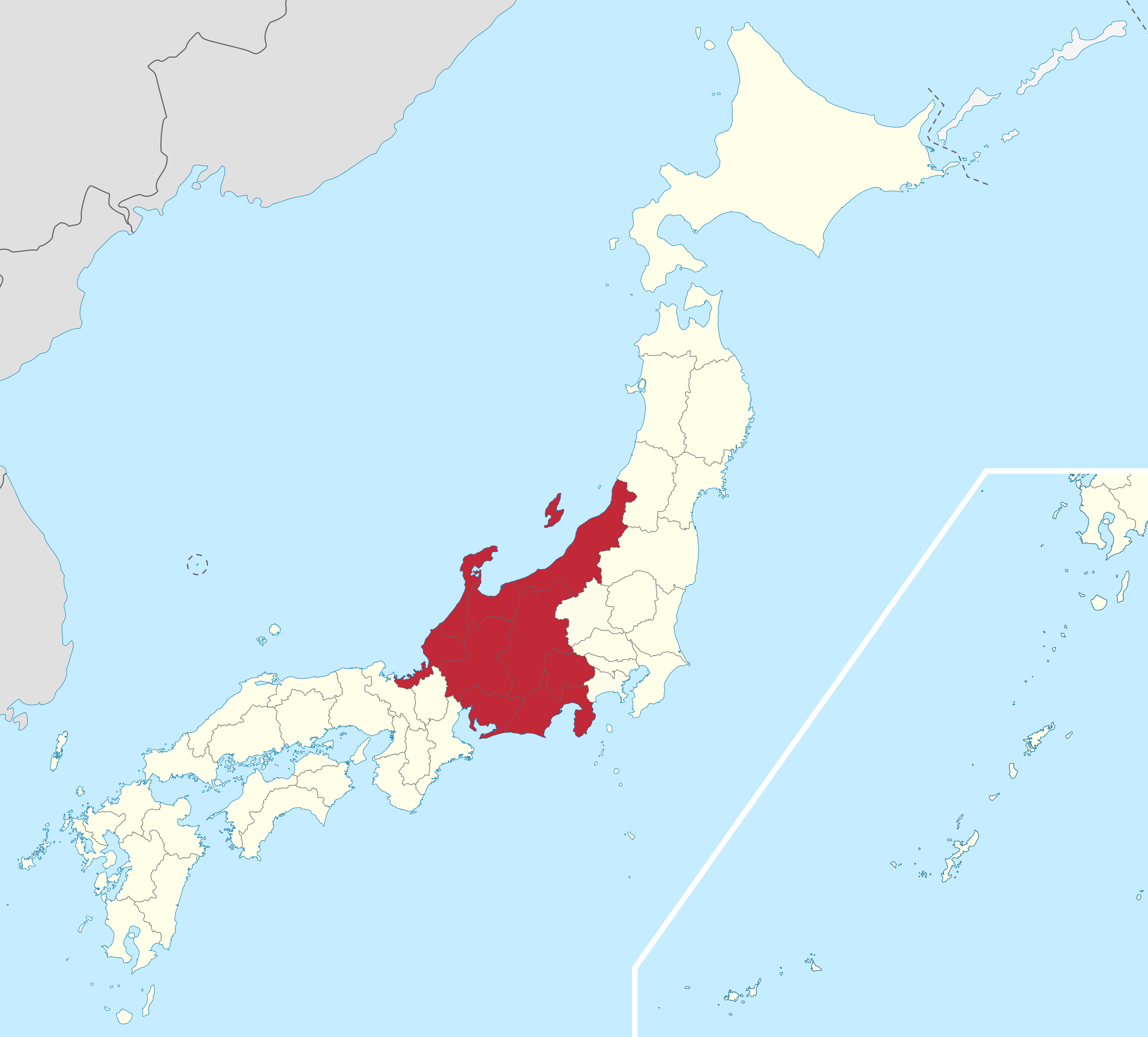 Map showing Chubu highlighted within Japan