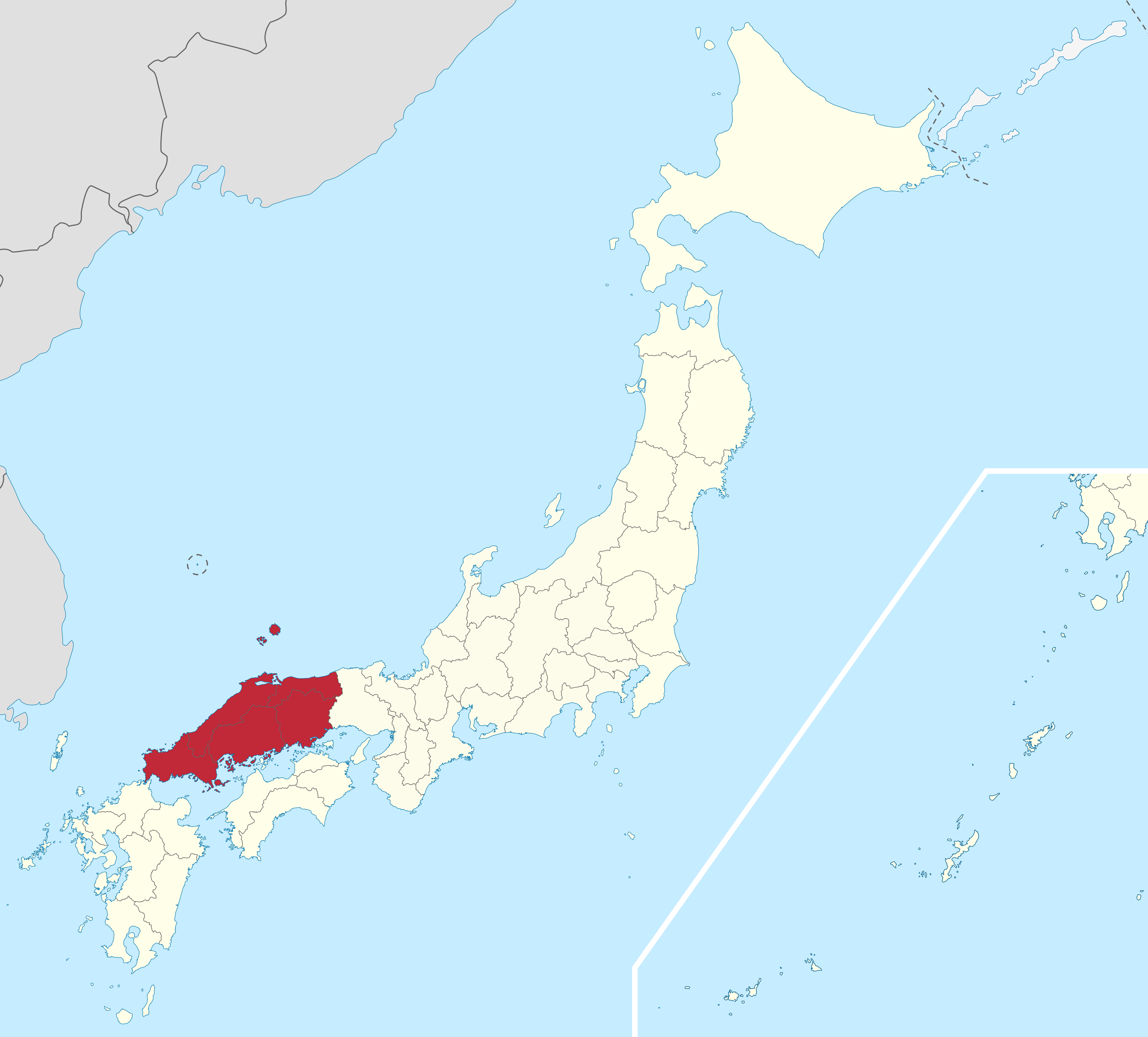Map showing Chugoku highlighted within Japan