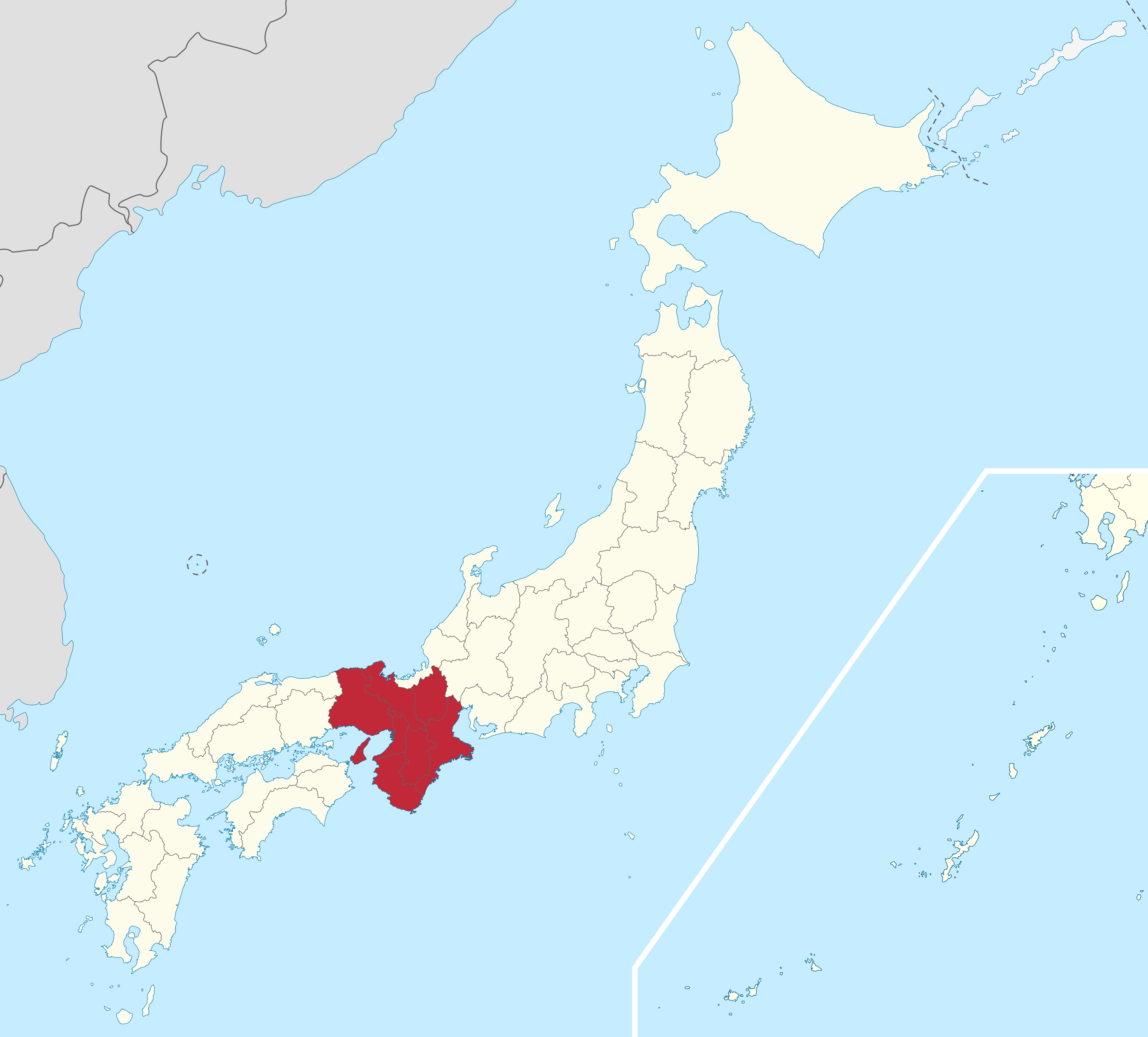 Map showing Kansai highlighted within Japan