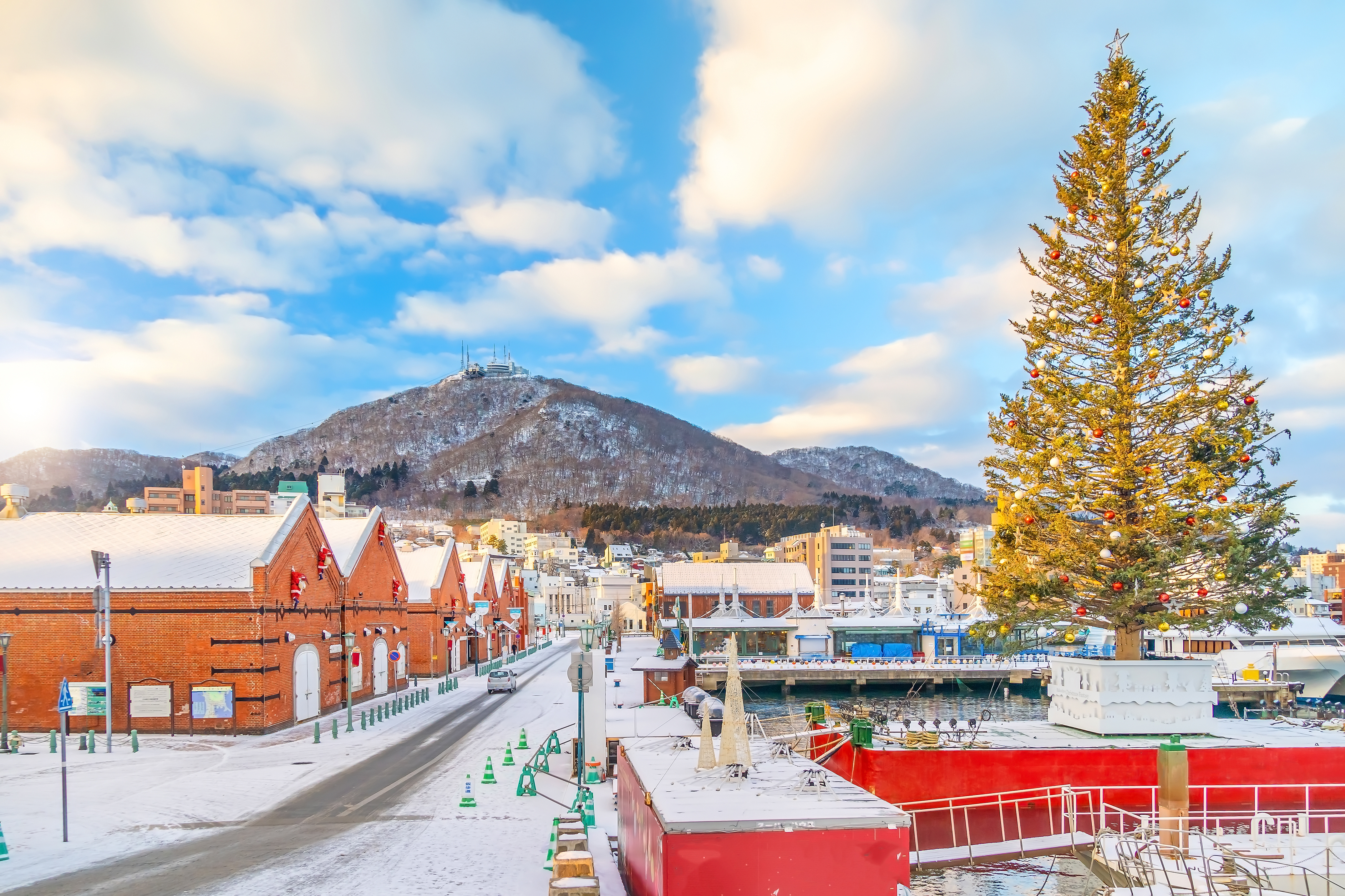 Historic red brick warehouses at twilight in Hakodate, Hokkaido