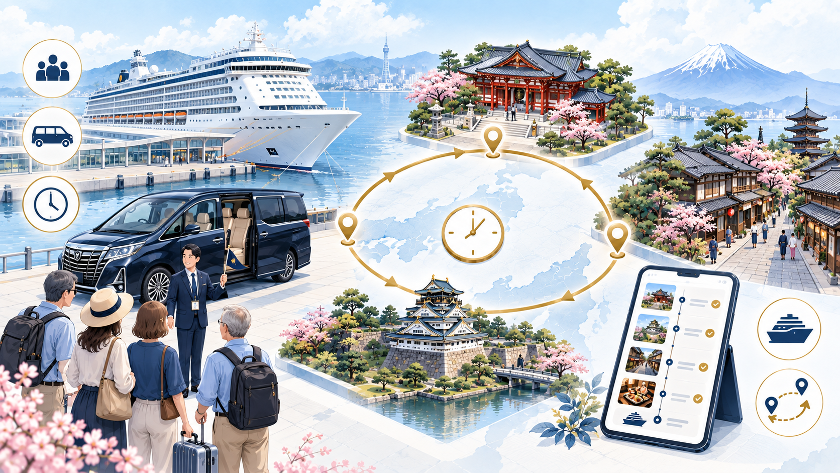 Private cruise shore excursion planning in Japan with port pickup, timing, transportation, and custom sightseeing