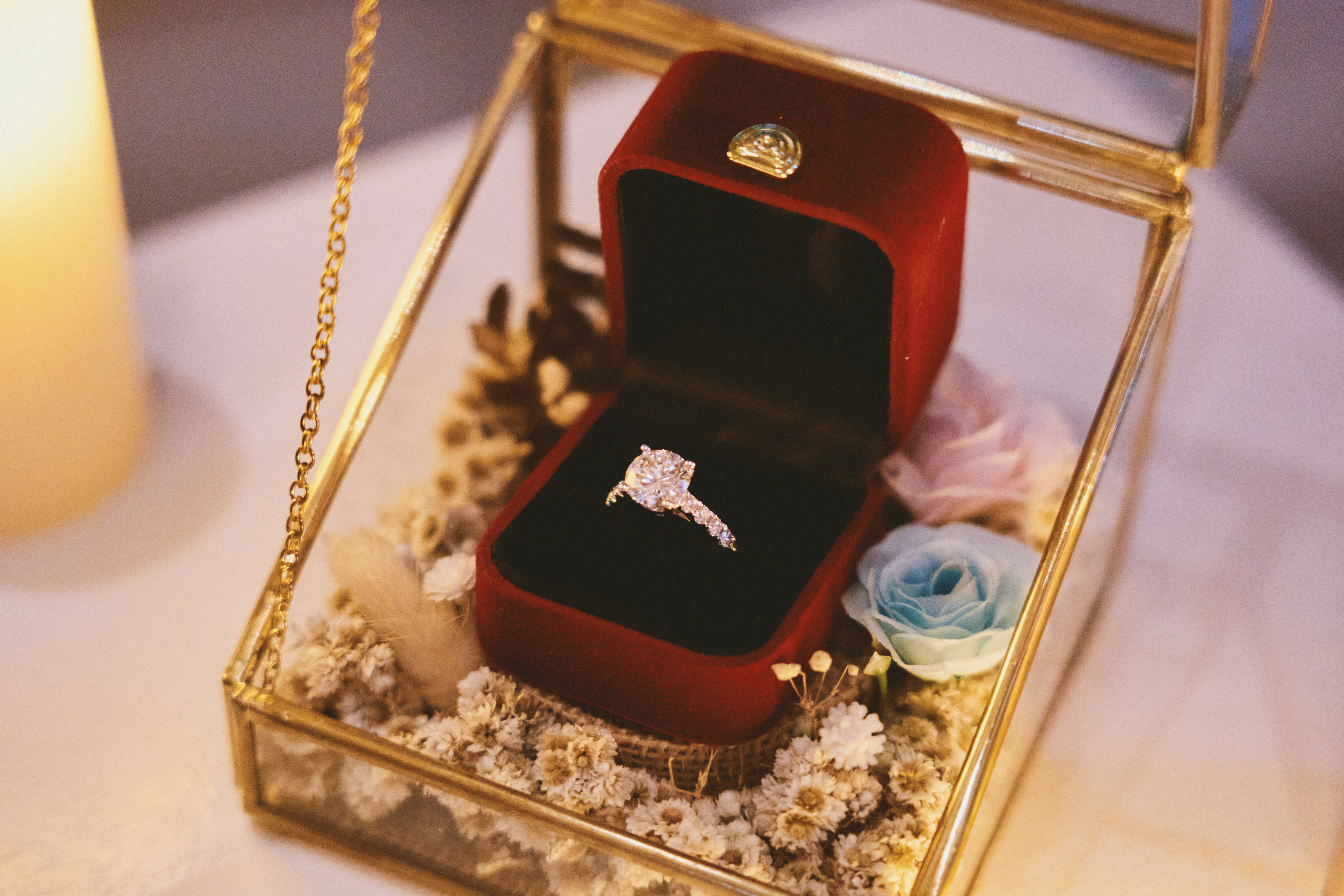 Proposal ring presented in a floral display box