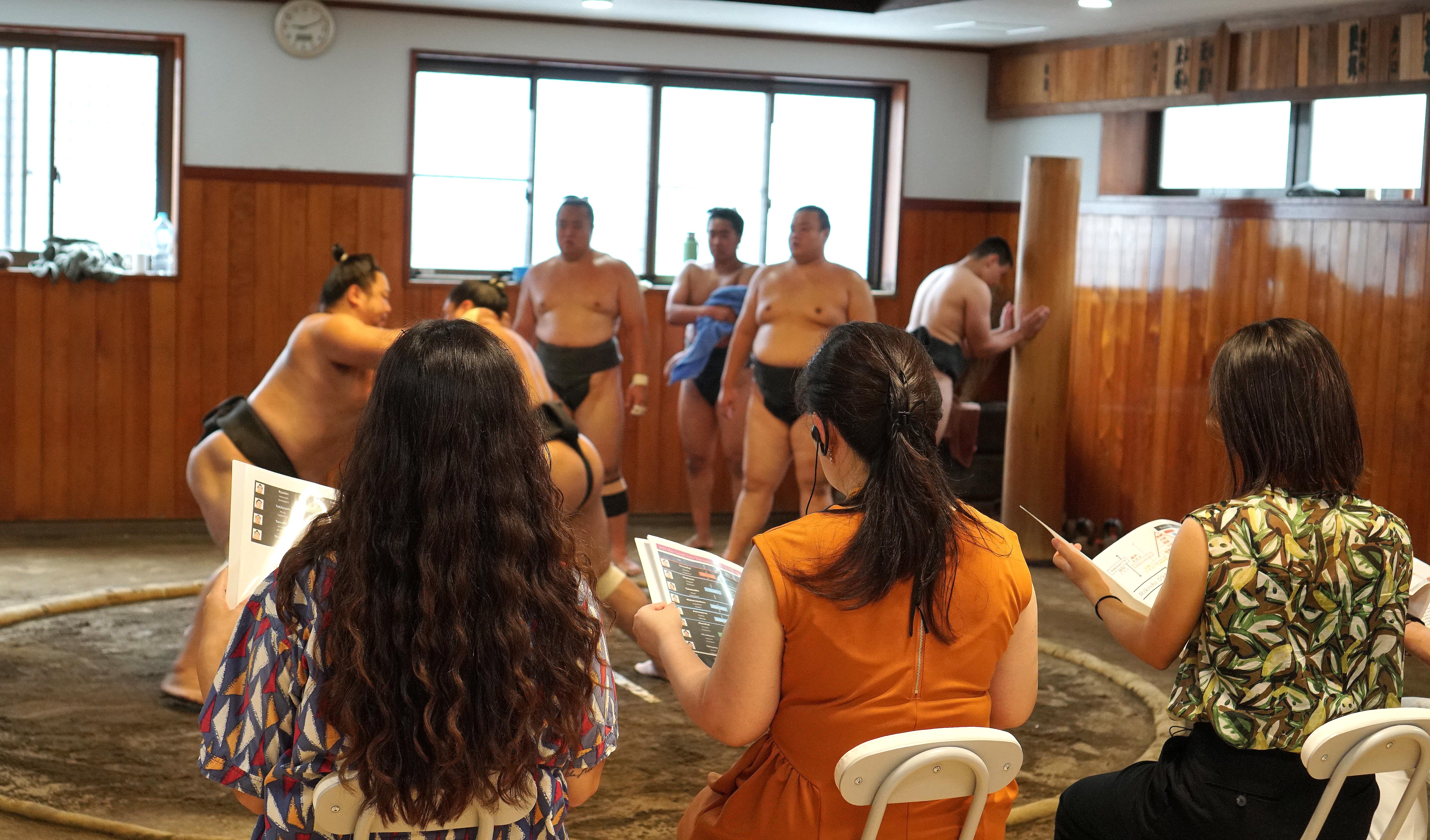 Sumo wrestlers during morning stable practice in Tokyo